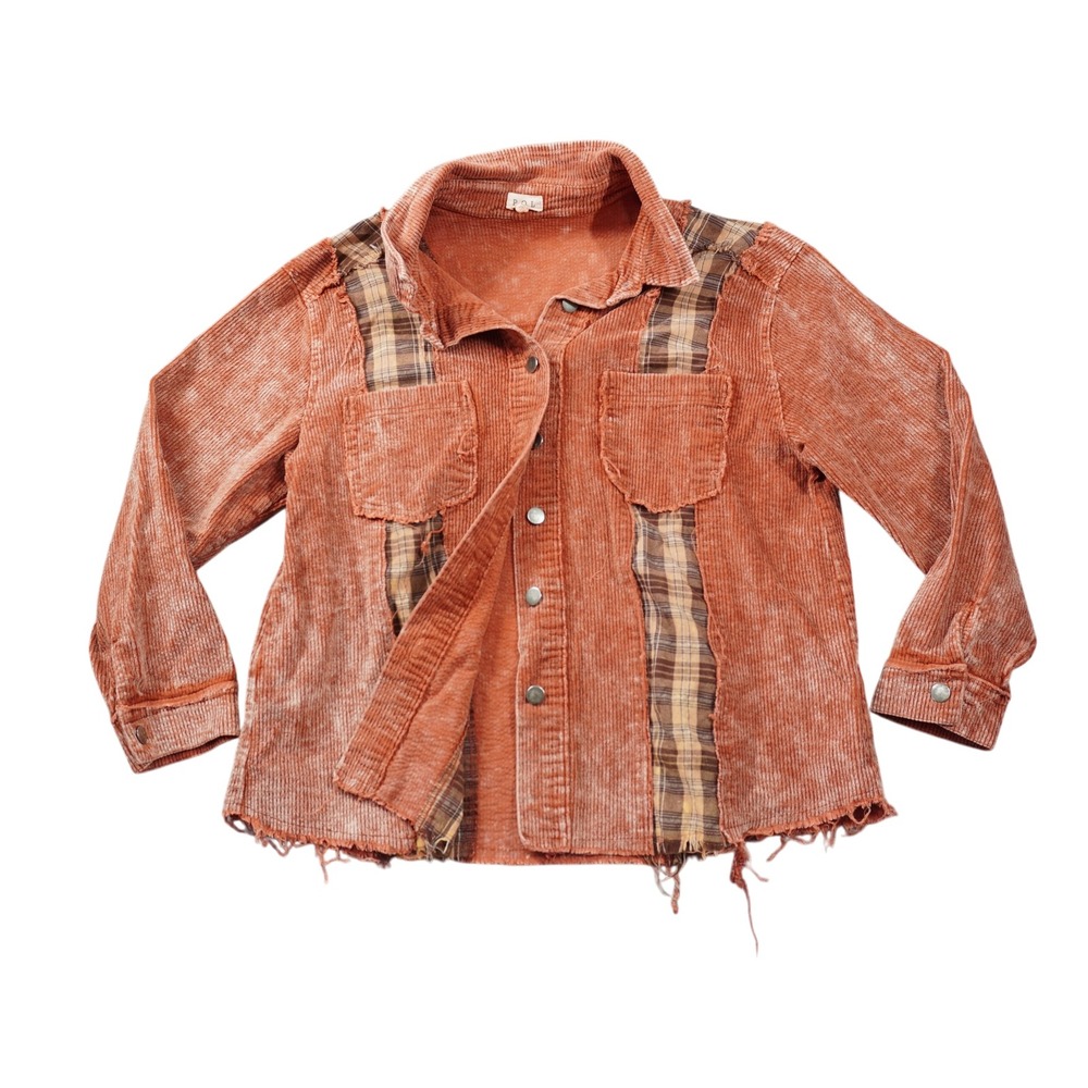 POL Large Corduroy Plaid Mixed Media Shacket Rust Orange Distressed Boho Country